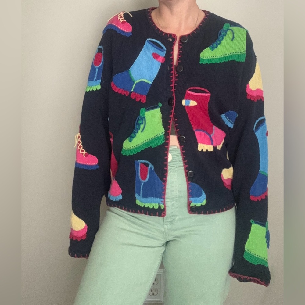 90s Vintage women’s cardigan boot theme teacher magic school bus Ms Frizzle